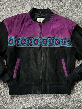 Vintage Adler Womens Black & Purple Suede Bomber Jacket with Aztec Trim